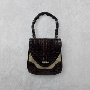 Vintage Brighton Dark Brown Woven Leather Beige Canvas Handbag